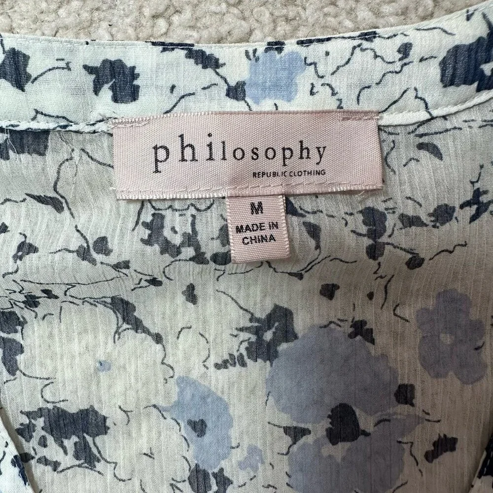 Philosophy Blouse Women’s Medium Sheer Floral White With Blue Flowers Sheer - Picture 7 of 14